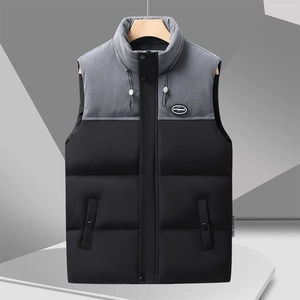 Men's winter padded vest with stand collar, grey corduroy patchwork, and black windproof shell