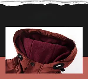 Detail view of the warm fleece lining and adjustable drawstring hood on the winter jacket