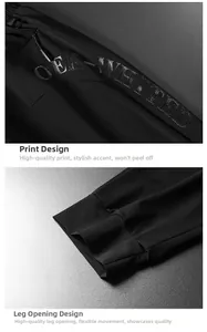 Detail of men's quick-dry pants featuring 3D printed logo and breathable mesh fabric