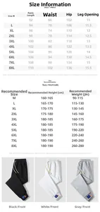 Size guide for men's casual joggers showing measurements from M to 8XL for various dimensions