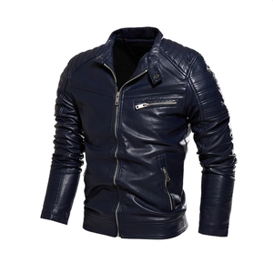 Detail of navy blue PU leather motorcycle jacket featuring ribbed shoulders and metal zippers