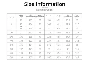 Detailed size chart for men's summer ice silk pants showing M to 8XL measurements