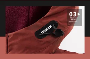 Detail of adjustable drawstring toggle on a burgundy fleece-lined winter jacket