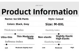 Size chart for ice silk casual pants showing fabric softness and thickness details