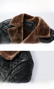 Détails d'une veste en cuir pour homme montrant la texture matelassée et la fourrure