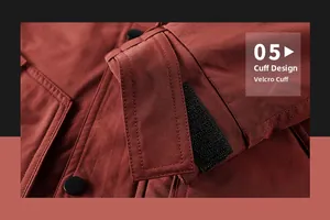 Close-up of adjustable velcro cuffs on a windproof brick red men's outdoor jacket