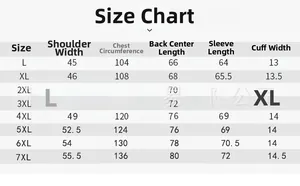 Detailed size chart for slim fit men's PU leather jacket ranging from size L to 7XL