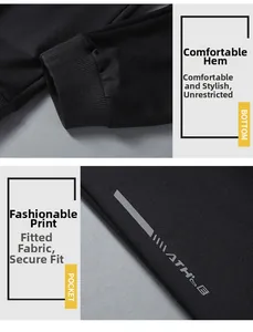 Detail of black jogger pants featuring ribbed elastic cuffs and stylish printed pockets
