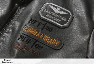 Detail of military patches and high-quality leather texture on a men's biker jacket