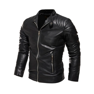 Detail of black PU motorcycle jacket featuring quilted stitching on shoulders and sleeves