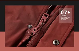 Detailed close-up of heavy-duty zipper and metal snap button on a burgundy work jacket