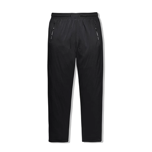 Men's winter black down pants with drawstring waist and functional zipper pockets