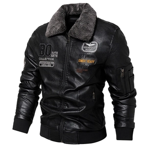 Men's black PU leather motorcycle jacket with grey faux fur collar and military embroidery