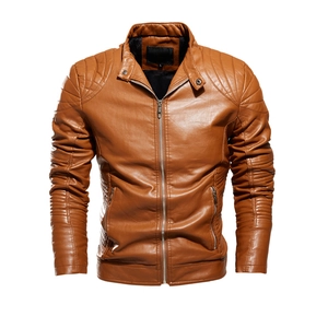 Classic caramel brown men's PU leather motorcycle jacket with quilted shoulder details