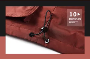 Detail of adjustable elastic drawstring hem with plastic cord lock on men outdoor jacket