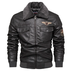 Detail of men's brown PU leather jacket featuring faux shearling collar and embroidered patches