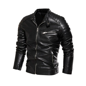 Detail of slim-fit men's faux leather biker jacket with quilted shoulders and snap collar
