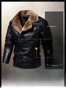 Vue détaillée de la veste en cuir PU noir avec col montant et doublure en fourrure brune