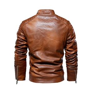 Slim fit men's vintage brown motorcycle PU leather jacket with quilted shoulder detail