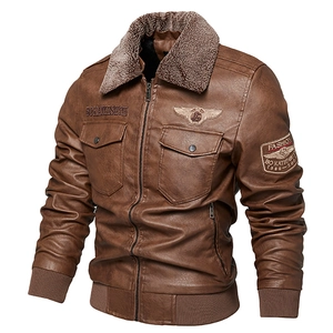 Detailed front view of brown PU leather bomber jacket with faux shearling collar and badges