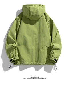 Back view of avocado green hooded windbreaker jacket with adjustable cuffs and hem