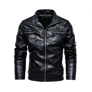 Slim fit men's black PU leather motorcycle jacket with stand collar and quilted shoulder pads