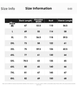 Size chart table for men's casual hooded jacket covering sizes M to 8XL in centimeters