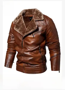 Détails de veste en cuir PU marron pour hommes avec col en peau de mouton et coutures losanges