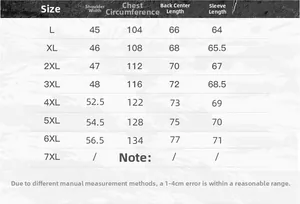 Tableau des tailles détaillé pour veste en cuir homme avec mesures du L au 7XL