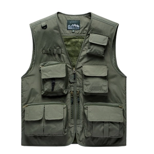 Army green tactical outdoor vest with multi-pockets and mesh lining for camping