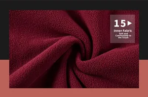Close-up of wine red warm fleece lining with soft texture for outdoor jacket