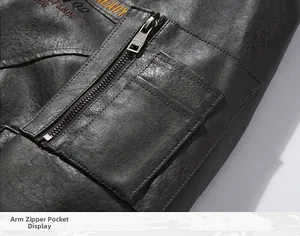 Detailed macro view of the men's faux leather jacket sleeve with embroidered zipper pocket