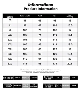 Detailed size chart for men's joggers showing measurements from size M to 8XL in centimeters