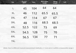 Men's fashion PU leather jacket size chart showing dimensions from size L up to 7XL