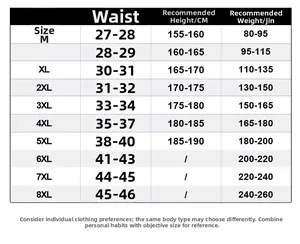 Detailed men's casual pants size chart from M to 8XL for accurate measurement guidance