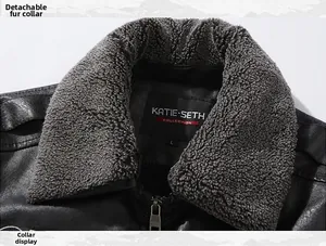 Detailansicht der Herren-Lederjacke mit abnehmbarem grauem Webpelzkragen und Innenetikett