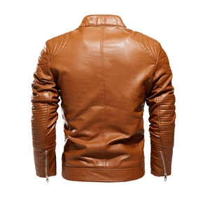 Detailed back view of brown PU biker jacket showing stitched shoulder seams and zipper cuffs