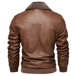 Rear view of men's brown faux leather bomber jacket with dark brown faux fur collar detail