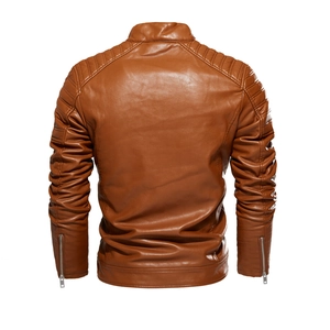 Rear view of brown PU leather biker jacket with quilted shoulder details and metal zippers