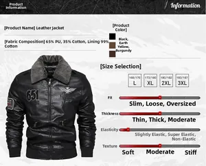 Detaillierte Größentabelle für Herren Winter-Lederjacke mit Fleecekragen und Infos