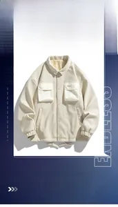 Detail of beige cargo jacket showing textured fabric and front flap pockets