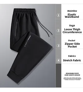 Detail view of men's black joggers showing elastic waist and zip pocket features