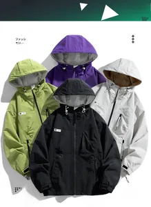 Detail view of multi-color windproof hooded jackets with tactical pockets and adjustable cuffs