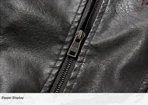 Close-up of premium metal zipper and lychee texture on men's slim fit PU leather jacket