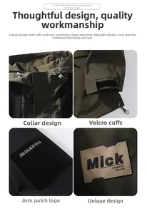 Detail view of outdoor jacket features including drawstring hood and velcro adjustable cuffs