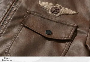 Detailed view of wing badge and flap pocket on brown leather biker jacket