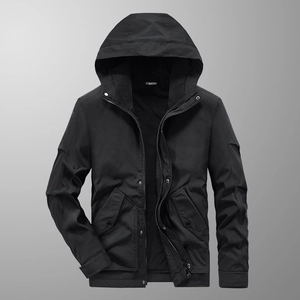 Men's black hooded cargo jacket featuring windproof fabric and warm fleece lining
