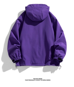 Detailed back view of purple hooded jacket with adjustable velcro cuffs and drawstring hem
