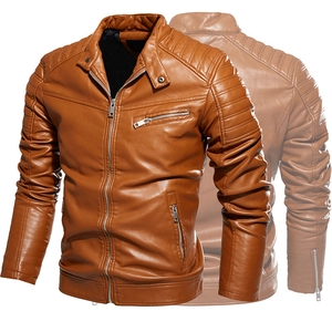 Detailed view of caramel brown motorcycle jacket showing quilted shoulders and metal zippers