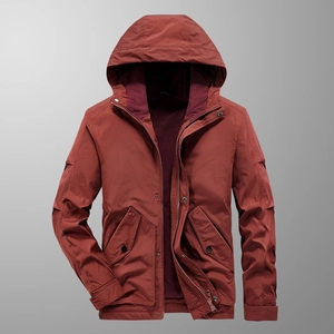 Men's brick red hooded work jacket with windproof fabric and warm fleece lining